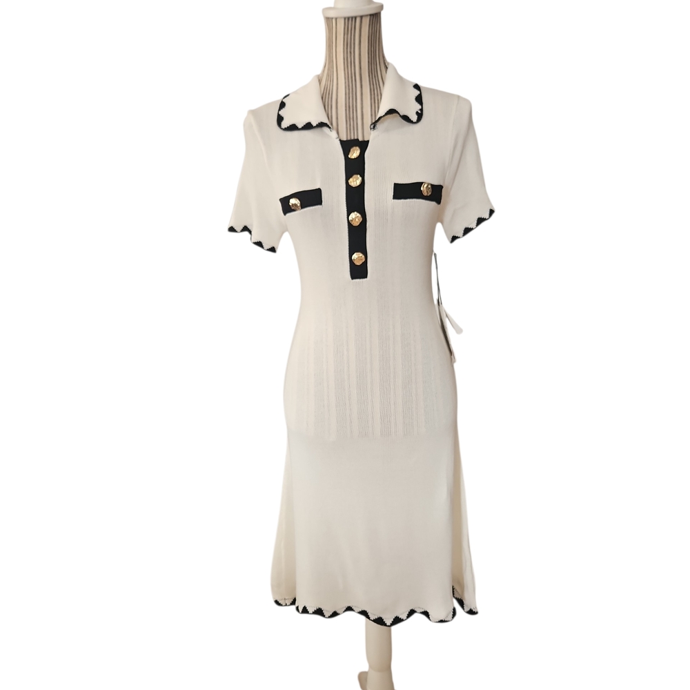 GRAND STREET STUDIO Woman  White Black Trim Knit Fit&Flare Mini Dress SizeS